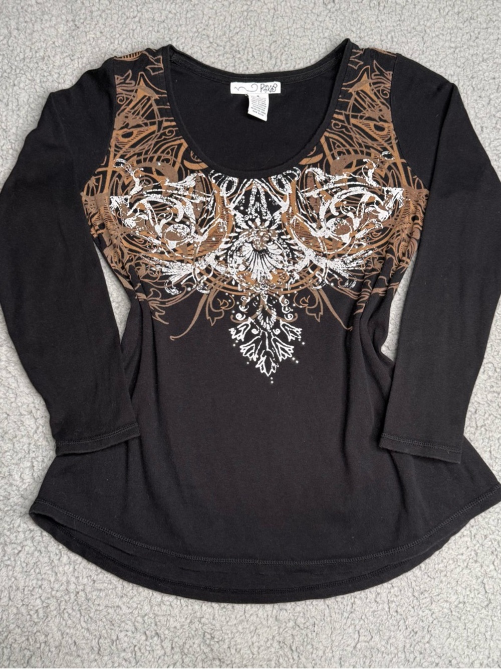 RXB black brown tribal graphic long sleeve top cotton Y2K size S